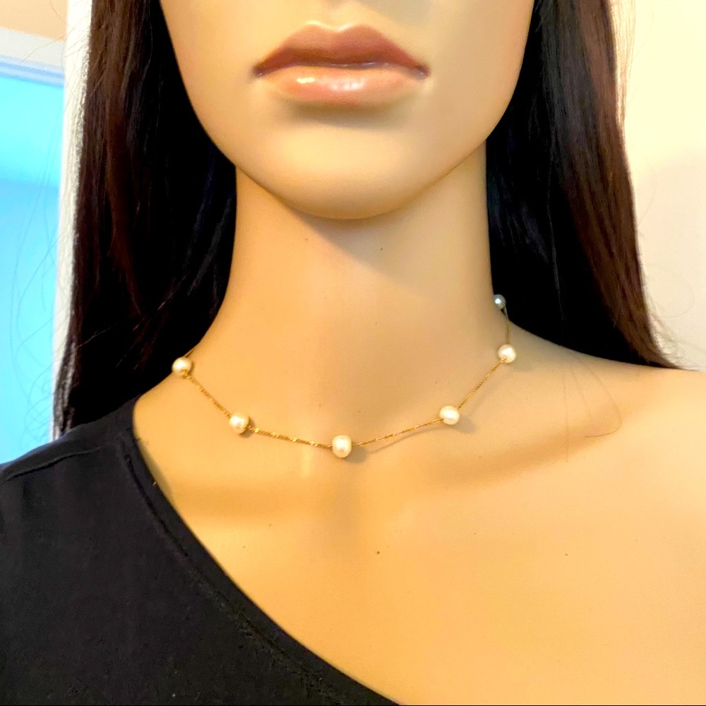 Pearl & 14k Yellow Gold 16” Tin Cup Necklace